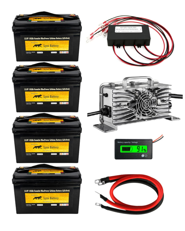 Lithium Battery for Golf Cart, Conversion Kit by Lynx, 48V 100Ah w/ Battery Balancer, Waterproof Charger & Meter