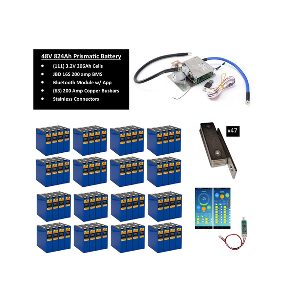 48V Lithium Iron Phosphate (LiFePO4) Battery Sets with 200A BMS 412Ah (32 Cells)